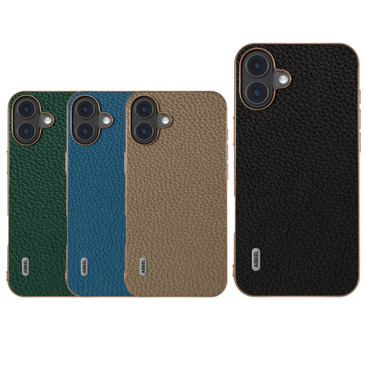 For iPhone 16 ABEEL Electroplating Frame Genuine Leather Litchi Texture Phone Case(Grey) - iPhone 16 Cases by buy2fix | Online Shopping UK | buy2fix