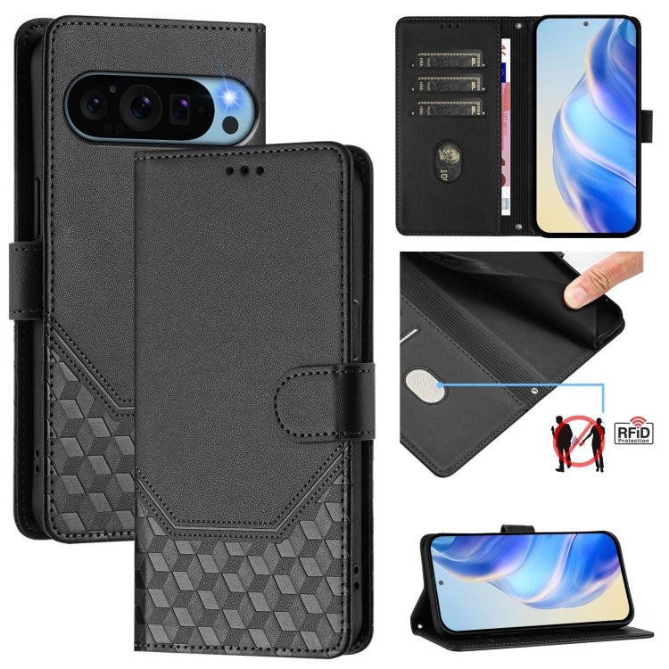 For Google Pixel 9 / 9 Pro Honeycomb Embossing RFID Leather Phone Case(Black) - Google Cases by buy2fix | Online Shopping UK | buy2fix