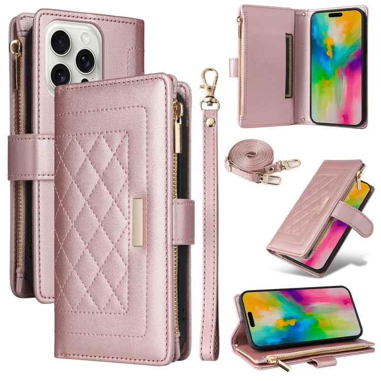 For iPhone 16 Pro Crossbody Zipper Wallet Rhombus Leather Phone Case(Rose Gold) - iPhone 16 Pro Cases by buy2fix | Online Shopping UK | buy2fix