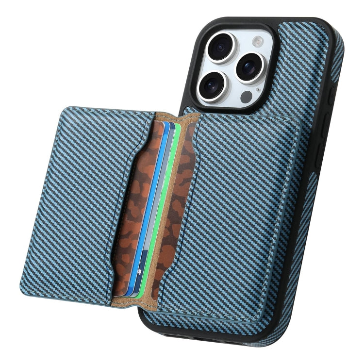 For iPhone 16 Pro Denior Carbon Fiber Texture Leather Card Bag MagSafe Phone Case(Blue) - iPhone 16 Pro Cases by Denior | Online Shopping UK | buy2fix