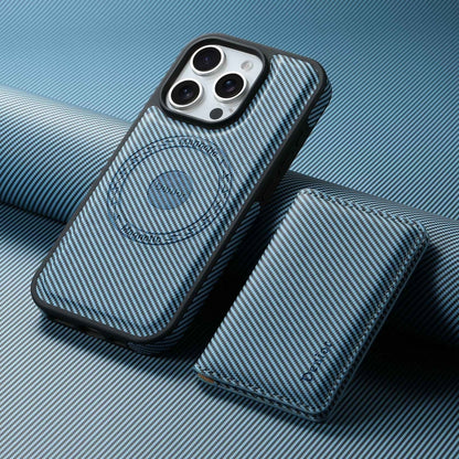 For iPhone 16 Plus Denior Carbon Fiber Texture Leather Card Bag MagSafe Phone Case(Blue) - iPhone 16 Plus Cases by Denior | Online Shopping UK | buy2fix