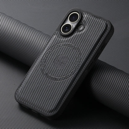 For iPhone 16 Plus Denior Carbon Fiber Texture Leather MagSafe Phone Case(Black) - iPhone 16 Plus Cases by Denior | Online Shopping UK | buy2fix