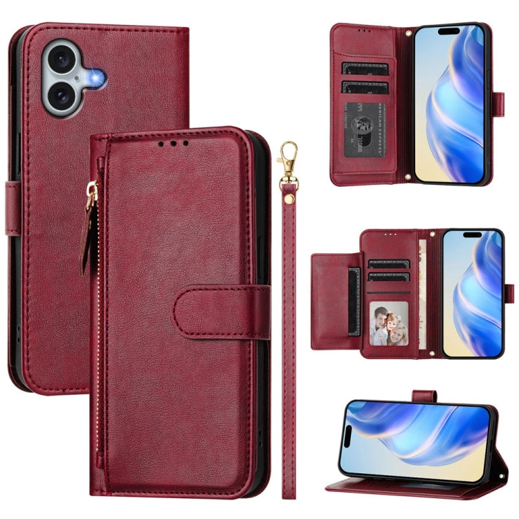 For iPhone 16 Plus Multi-Card Slots Zipper Wallet Leather Phone Case(Dark Red) - iPhone 16 Plus Cases by buy2fix | Online Shopping UK | buy2fix