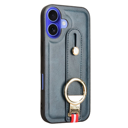 For iPhone 16 Wristband Leather Back Phone Case(Blue) - iPhone 16 Cases by buy2fix | Online Shopping UK | buy2fix