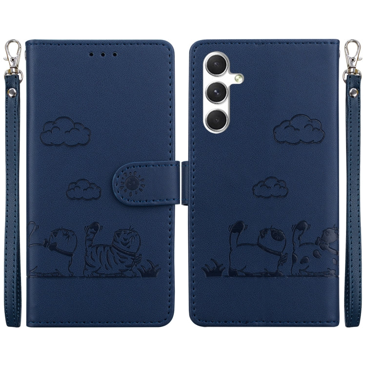 For Samsung Galaxy S25 5G Cute Cats RFID Leather Phone Case(Blue) - Galaxy S25 5G Cases by buy2fix | Online Shopping UK | buy2fix