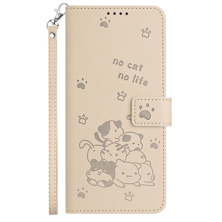 For iPhone 16 Plus Embossed Kitten Phone Leather Case with Lanyard(Beige) - iPhone 16 Plus Cases by buy2fix | Online Shopping UK | buy2fix