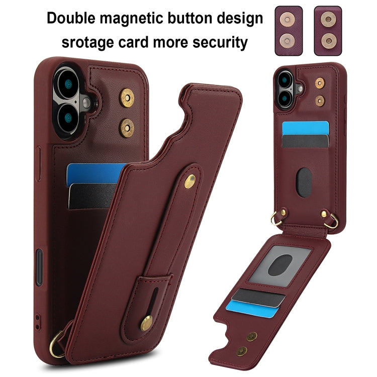 For iPhone 16 Wristband Vertical Flip Wallet Back Cover Phone Case with Long Lanyard(Wine Red) - iPhone 16 Cases by buy2fix | Online Shopping UK | buy2fix