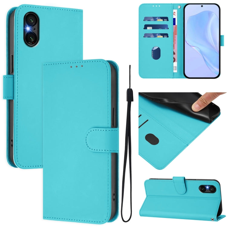 For Sony Xperia 5 VI 2024 Skin Feel Solid Color Leather Phone Case with Lanyard(Lake Blue) - Sony Cases by buy2fix | Online Shopping UK | buy2fix