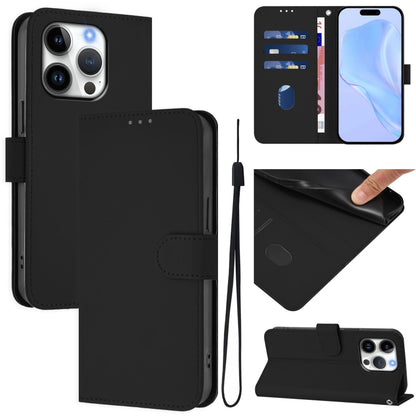 For iPhone 16 Pro Skin Feel Solid Color Leather Phone Case with Lanyard(Black) - iPhone 16 Pro Cases by buy2fix | Online Shopping UK | buy2fix