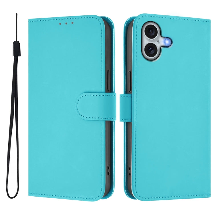 For iPhone 16 Plus Skin Feel Solid Color Leather Phone Case with Lanyard(Lake Blue) - iPhone 16 Plus Cases by buy2fix | Online Shopping UK | buy2fix