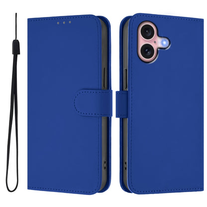 For iPhone 16 Skin Feel Solid Color Leather Phone Case with Lanyard(Dark Blue) - iPhone 16 Cases by buy2fix | Online Shopping UK | buy2fix