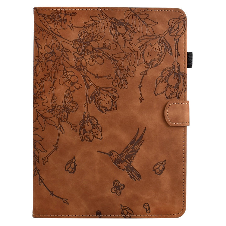 For Samsung Galaxy Tab S9 Flowers and Bird Embossed Smart Leather Tablet Case(Brown) - Galaxy Tab S9 Cases by buy2fix | Online Shopping UK | buy2fix