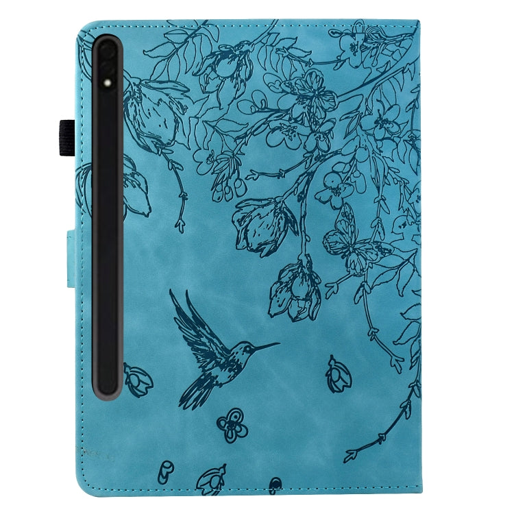 For Samsung Galaxy Tab S9 Flowers and Bird Embossed Smart Leather Tablet Case(Light Blue) - Galaxy Tab S9 Cases by buy2fix | Online Shopping UK | buy2fix