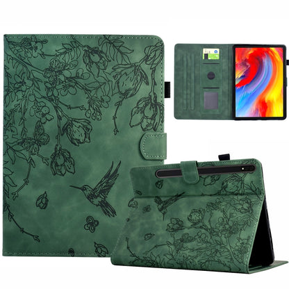 For Samsung Galaxy Tab S9 Flowers and Bird Embossed Smart Leather Tablet Case(Green) - Galaxy Tab S9 Cases by buy2fix | Online Shopping UK | buy2fix