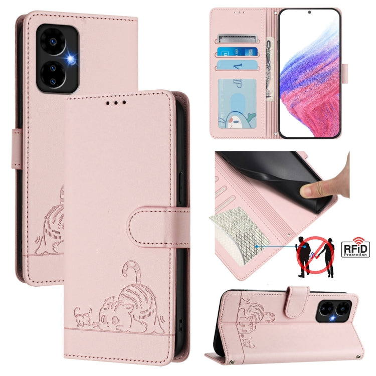 For Boost Mobile Celero 5G 2024 Cat Rat Embossed RFID Leather Phone Case with Lanyard(Pink) - More Brand by buy2fix | Online Shopping UK | buy2fix