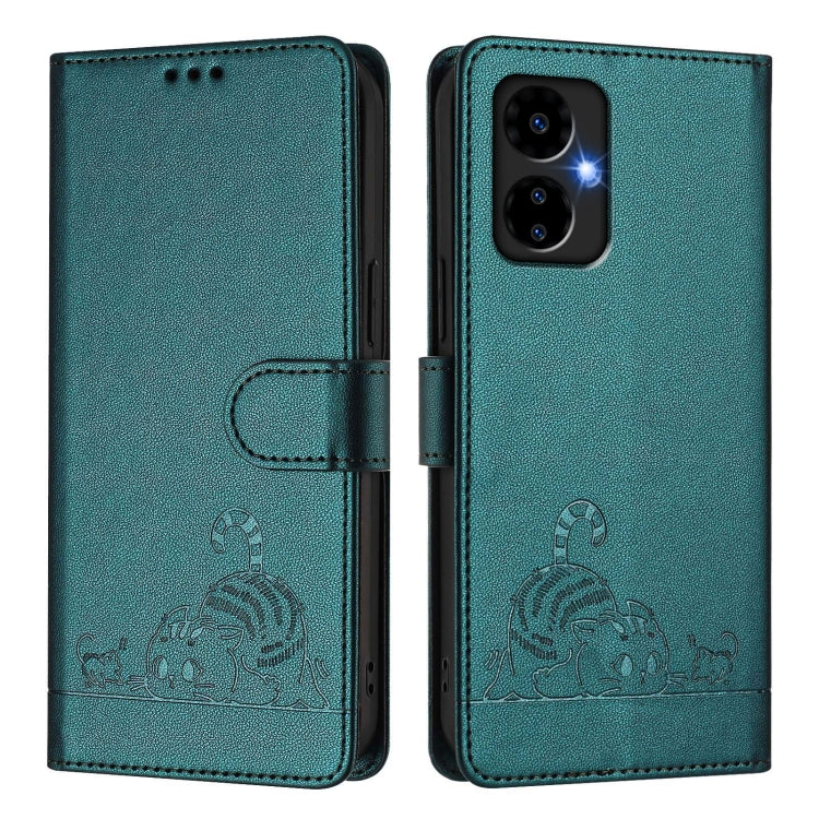 For Boost Mobile Celero 5G 2024 Cat Rat Embossed RFID Leather Phone Case with Lanyard(Peacock Green) - More Brand by buy2fix | Online Shopping UK | buy2fix