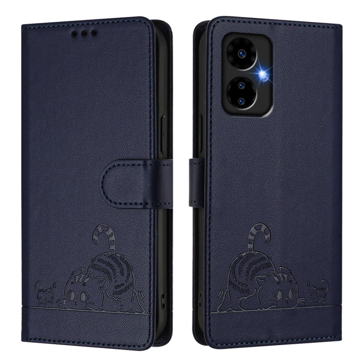 For Boost Mobile Celero 5G 2024 Cat Rat Embossed RFID Leather Phone Case with Lanyard(Blue) - More Brand by buy2fix | Online Shopping UK | buy2fix