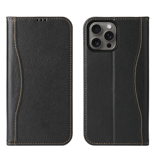 For iPhone 16 Pro Fierre Shann Cowhide Leather Flip Leather Phone Case(Black) - iPhone 16 Pro Cases by FIERRE SHANN | Online Shopping UK | buy2fix