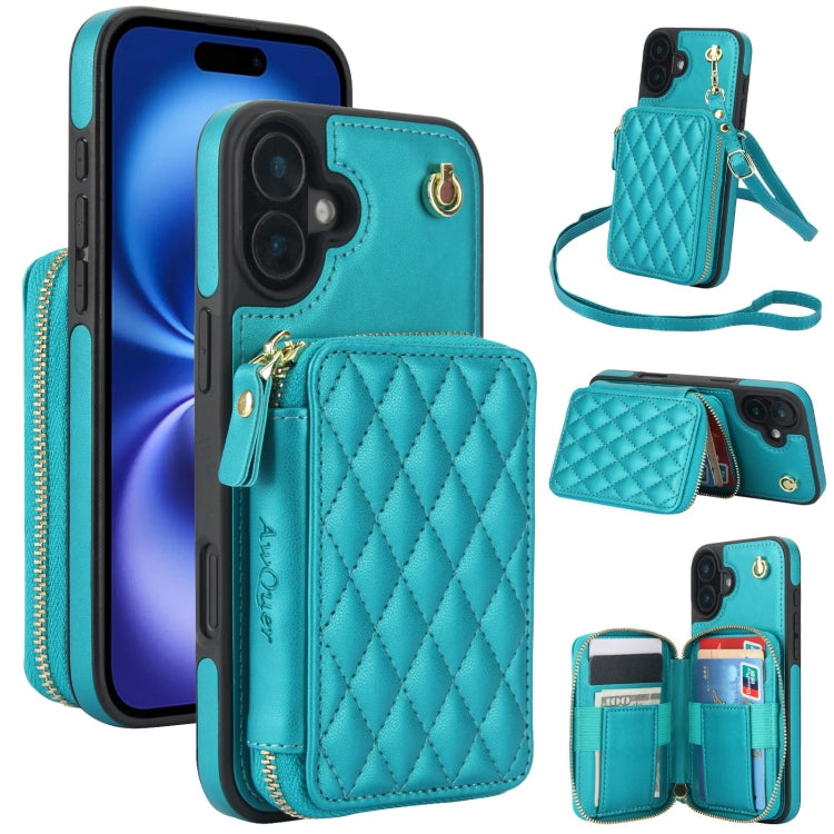 For iPhone 16 AwQuer Crossbody Zipper Wallet Rhombic Leather Back Phone Case(Green) - iPhone 16 Cases by Awquer | Online Shopping UK | buy2fix