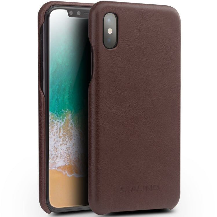For iPhone X / XS QIALINO Shockproof Cowhide Leather Protective Case(Dark Brown) - More iPhone Cases by QIALINO | Online Shopping UK | buy2fix