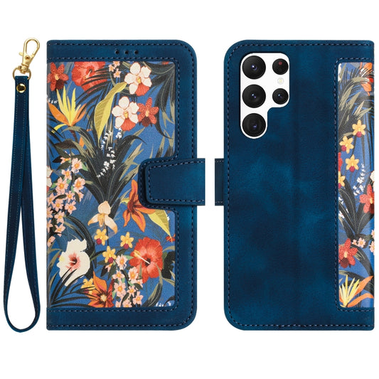 For Samsung Galaxy S25 Ultra 5G Floral Pattern Leather Phone Case with Lanyard(Dark Blue) - Galaxy S25 Ultra 5G Cases by buy2fix | Online Shopping UK | buy2fix