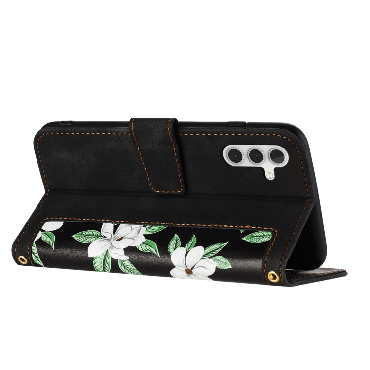 For Samsung Galaxy S25 5G Floral Pattern Leather Phone Case with Lanyard(Black) - Galaxy S25 5G Cases by buy2fix | Online Shopping UK | buy2fix