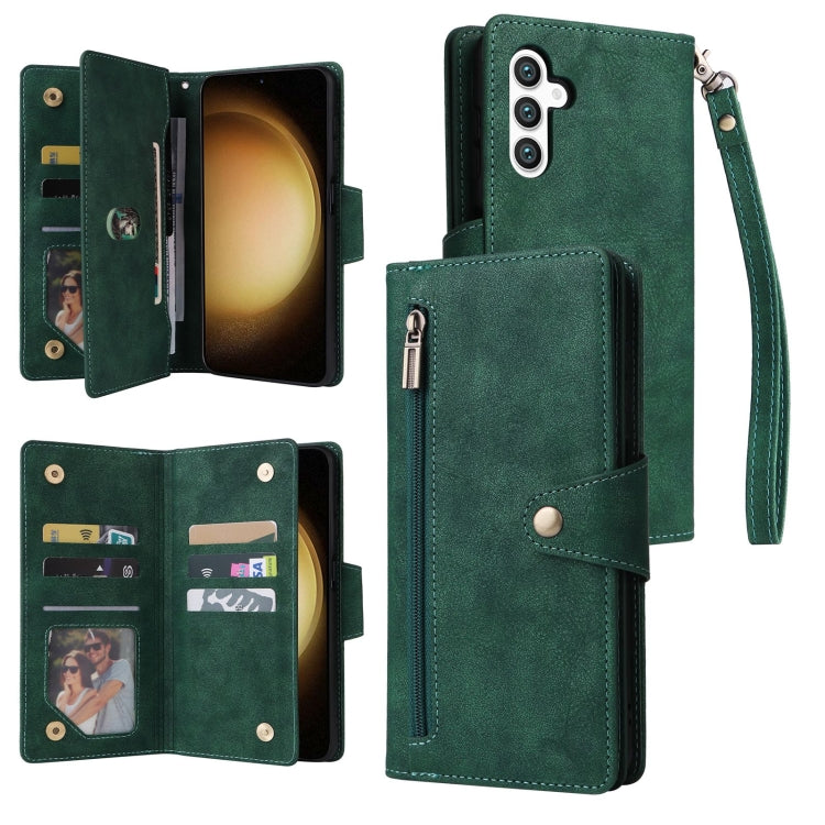 For Samsung Galaxy S25+ 5G Rivet Buckle 9 Cards Three Fold Leather Phone Case(Green) - Galaxy S25+ 5G Cases by buy2fix | Online Shopping UK | buy2fix