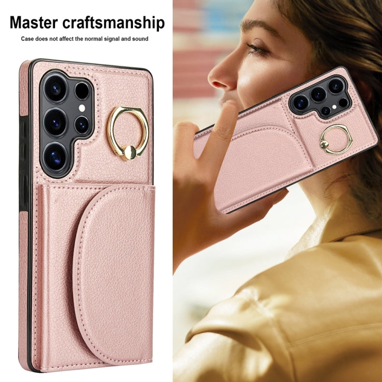 For Samsung Galaxy S25 Ultra 5G Ring Holder Card Bag Skin Feel Phone Case(Rose Gold) - Galaxy S25 Ultra 5G Cases by buy2fix | Online Shopping UK | buy2fix