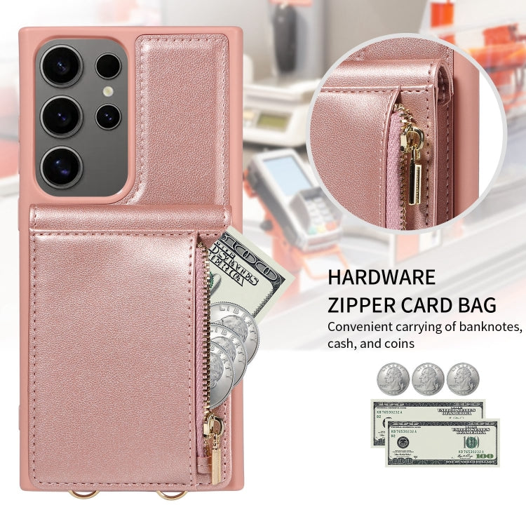 For Samsung Galaxy S25 Ultra 5G Crossbody Lanyard Zipper Wallet Leather Phone Case(Rose Gold) - Galaxy S25 Ultra 5G Cases by buy2fix | Online Shopping UK | buy2fix