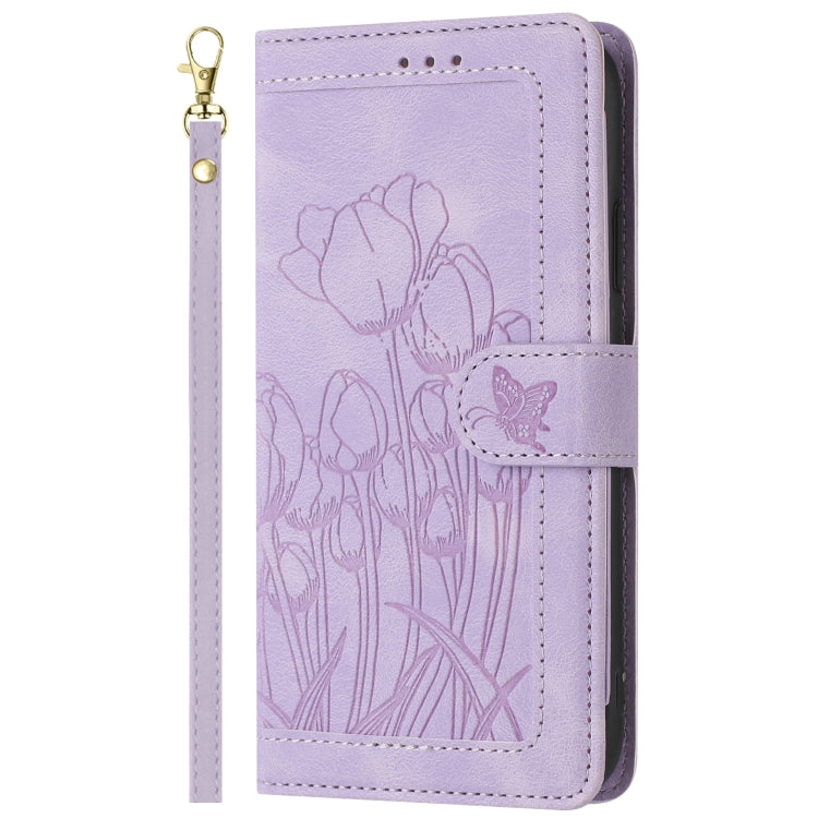 For Samsung Galaxy S25+ 5G Tulips Embossed Leather Phone Case with Lanyard(Purple) - Galaxy S25+ 5G Cases by buy2fix | Online Shopping UK | buy2fix