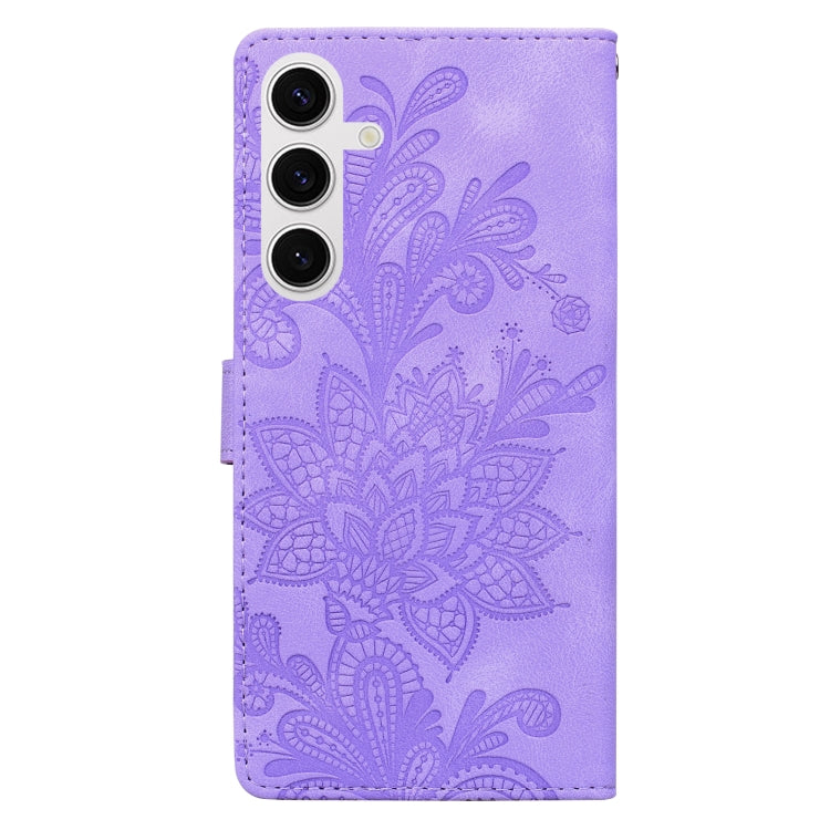 For Samsung Galaxy S25 5G Lace Floral Embossed Magnetic Buckle PU Phone Case With Wrist Strap(Purple) - Galaxy S25 5G Cases by buy2fix | Online Shopping UK | buy2fix