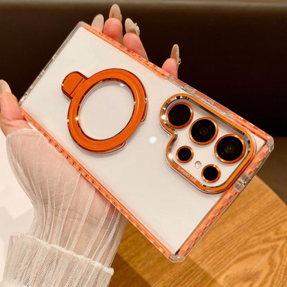 For Samsung Galaxy S25 Ultra 5G Transparent MagSafe Holder Phone Case with Lens Film(Orange) - Galaxy S25 Ultra 5G Cases by buy2fix | Online Shopping UK | buy2fix