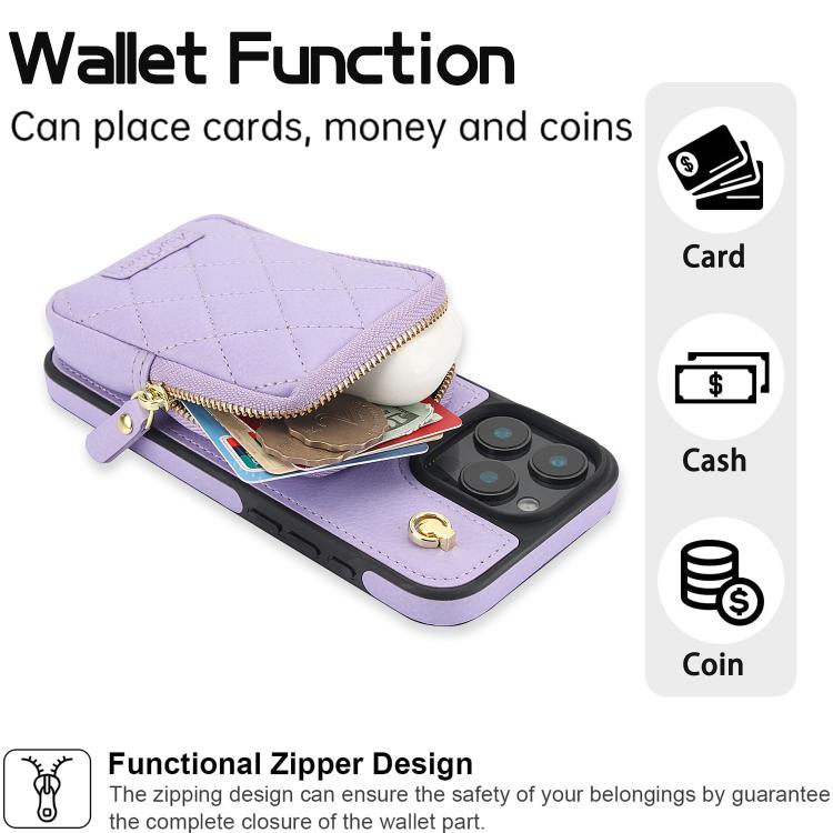 For iPhone 16 Pro Max AwQuer Crossbody Zipper Wallet Bag Litchi Leather Phone Case(Light Purple) - iPhone 16 Pro Max Cases by Awquer | Online Shopping UK | buy2fix