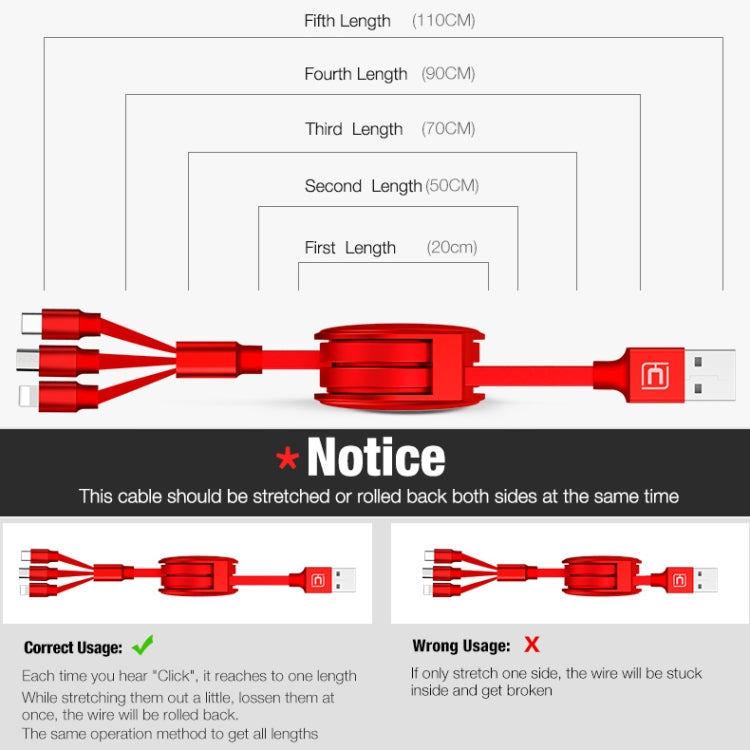 CAFELE 3 In 1 8 Pin + Micro USB + Type-C / USB-C Charging Data Cable, Length: 1.2m(Red) - Multifunction Cable by CAFELE | Online Shopping UK | buy2fix