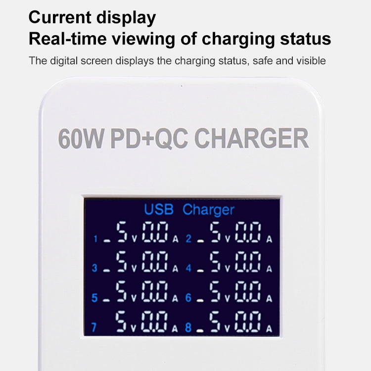 A8T 60W 8 Ports USB + QC3.0 + PD Type-C Smart Charging Station with Digital Display AC100-240V, EU Plug - Multifunction Charger by buy2fix | Online Shopping UK | buy2fix