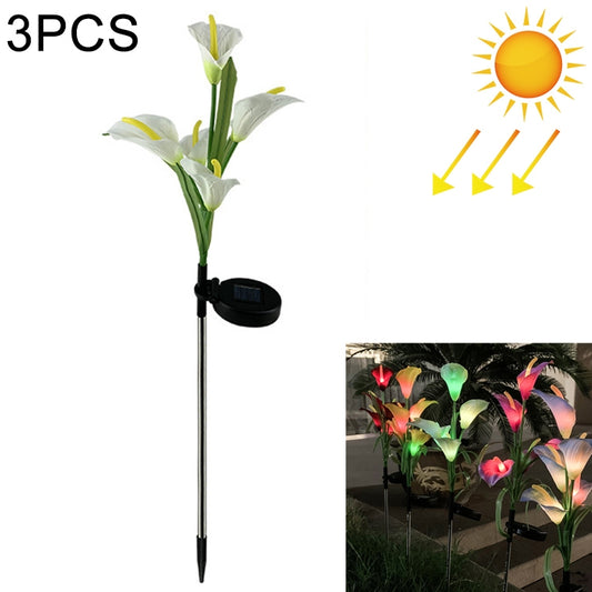 3PCS Simulated Calla Lily Flower 5 Heads Solar Powered Outdoor IP65 Waterproof LED Decorative Lawn Lamp, Colorful Light(White) - Solar Lights by buy2fix | Online Shopping UK | buy2fix