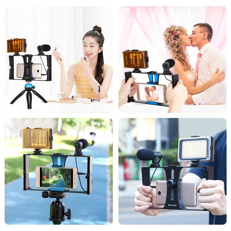 PULUZ 4 in 1 Vlogging Live Broadcast LED Selfie Light Smartphone Video Rig Kits with Microphone + Tripod Mount + Cold Shoe Tripod Head for iPhone, Galaxy, Huawei, Xiaomi, HTC, LG, Google, and Other Smartphones(Blue) - Camera Cage by PULUZ | Online Shopping UK | buy2fix