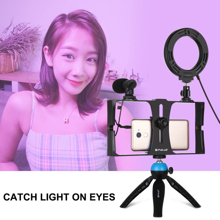 PULUZ 4 in 1 Vlogging Live Broadcast Smartphone Video Rig + 4.7 inch 12cm RGBW Ring LED Selfie Light + Microphone + Pocket Tripod Mount Kits with Cold Shoe Tripod Head(Blue) - Camera Cage by PULUZ | Online Shopping UK | buy2fix