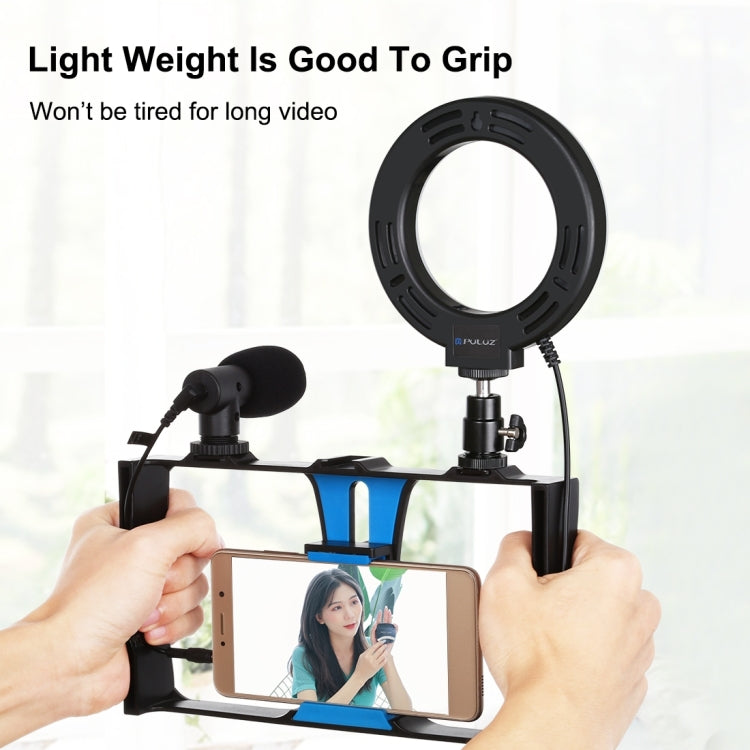 PULUZ 4 in 1 Vlogging Live Broadcast Smartphone Video Rig + 4.7 inch 12cm RGBW Ring LED Selfie Light + Microphone + Pocket Tripod Mount Kits with Cold Shoe Tripod Head(Blue) - Camera Cage by PULUZ | Online Shopping UK | buy2fix