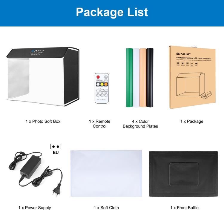 PULUZ Photo Studio Light Box Portable 60 x 40cm Cuboid Photography Studio Tent Kit with 4 Color Backdrops (EU Plug) -  by PULUZ | Online Shopping UK | buy2fix