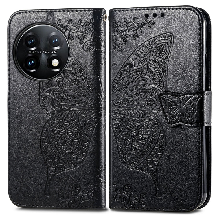 For OnePlus 11 Butterfly Love Flower Embossed Flip Leather Phone Case(Black) - OnePlus Cases by buy2fix | Online Shopping UK | buy2fix