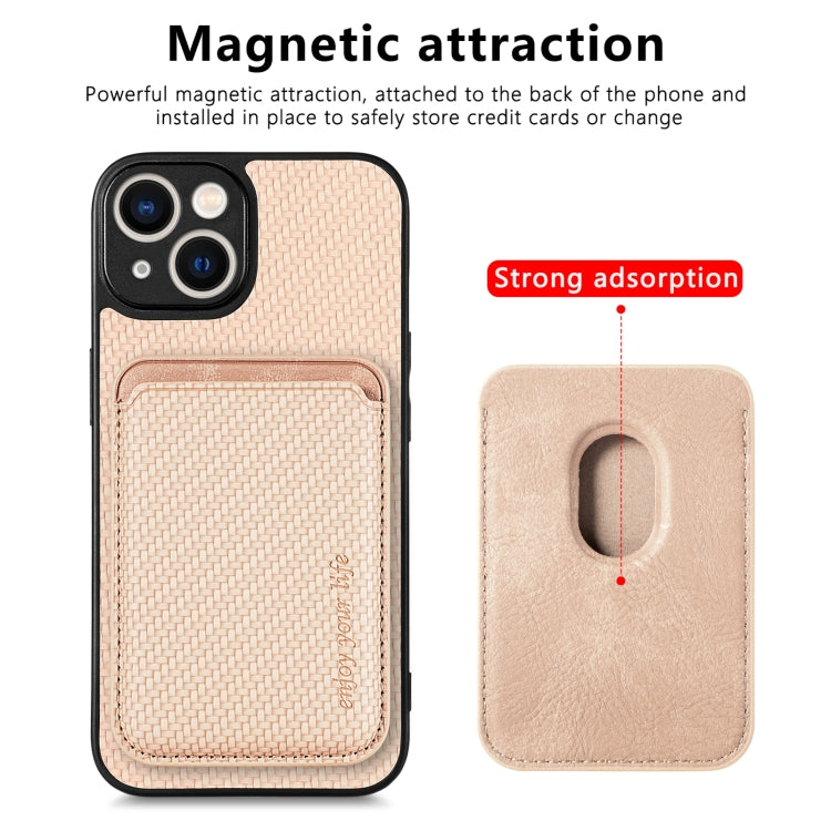 For iPhone 14 Pro Carbon Fiber Leather Card Magsafe Magnetic Phone Case(Khaki) - iPhone 14 Pro Cases by buy2fix | Online Shopping UK | buy2fix