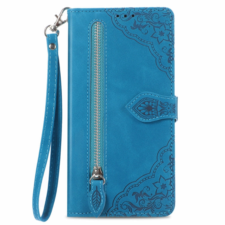 For OnePlus 12 Embossed Flower Zipper Leather Phone Case(Blue) - OnePlus Cases by buy2fix | Online Shopping UK | buy2fix