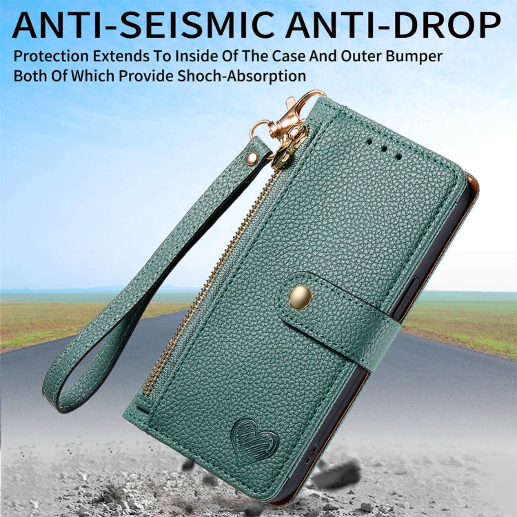 For iPhone 16 Pro Max Love Zipper Lanyard Leather Phone Case(Green) - iPhone 16 Pro Max Cases by buy2fix | Online Shopping UK | buy2fix