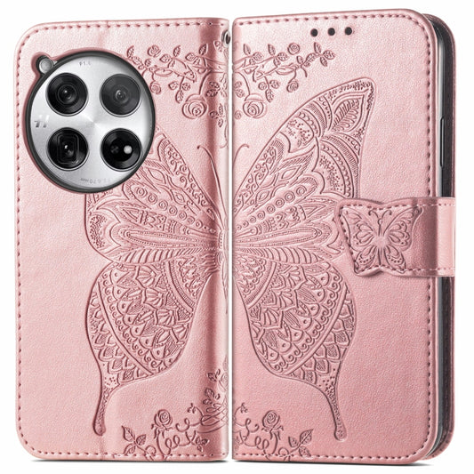 For OnePlus 12 Butterfly Love Flower Embossed Leather Phone Case(Rose Gold) - OnePlus Cases by buy2fix | Online Shopping UK | buy2fix