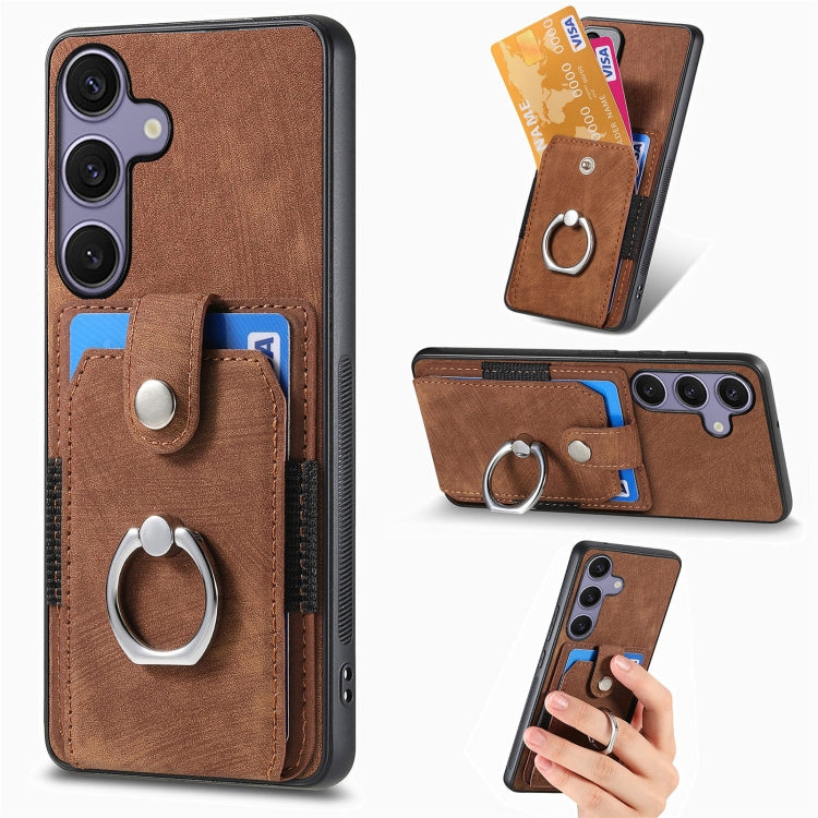 For Samsung Galaxy S25+ 5G Retro Skin-feel Ring Card Wallet Phone Case(Brown) - Galaxy S25+ 5G Cases by buy2fix | Online Shopping UK | buy2fix