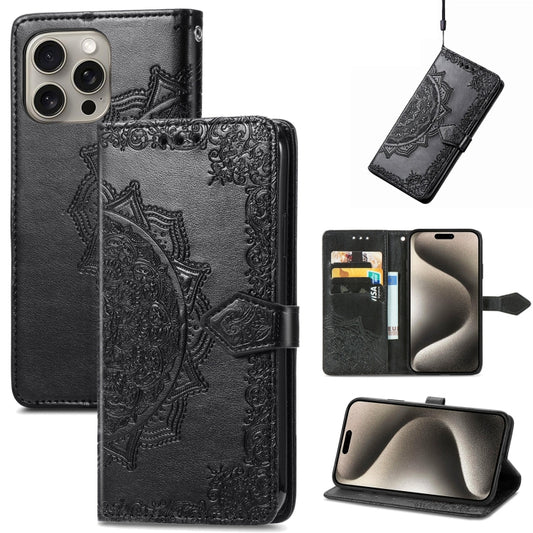 For iPhone 16 Pro Max Mandala Flower Embossed Leather Phone Case(Black) - iPhone 16 Pro Max Cases by buy2fix | Online Shopping UK | buy2fix