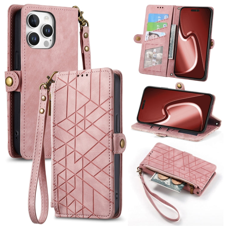 For iPhone 16 Pro Max Geometric Zipper Wallet Side Buckle Leather Phone Case(Pink) - iPhone 16 Pro Max Cases by buy2fix | Online Shopping UK | buy2fix