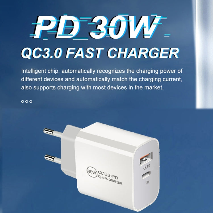 PD30W USB-C / Type-C + QC3.0 USB Dual Port Charger with 1m USB to 8 Pin Data Cable, EU Plug - USB Charger by buy2fix | Online Shopping UK | buy2fix