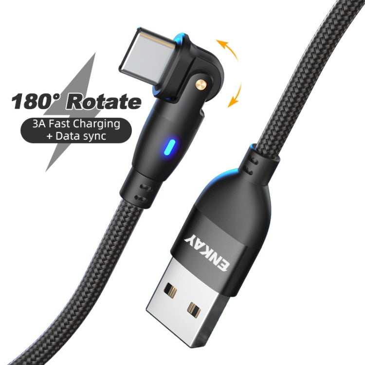 ENKAY 180 Degrees Rotating USB to Type-C 3A Fast Charging Data Cable with LED Light, Length:1m(Black) - USB-C & Type-C Cable by ENKAY | Online Shopping UK | buy2fix